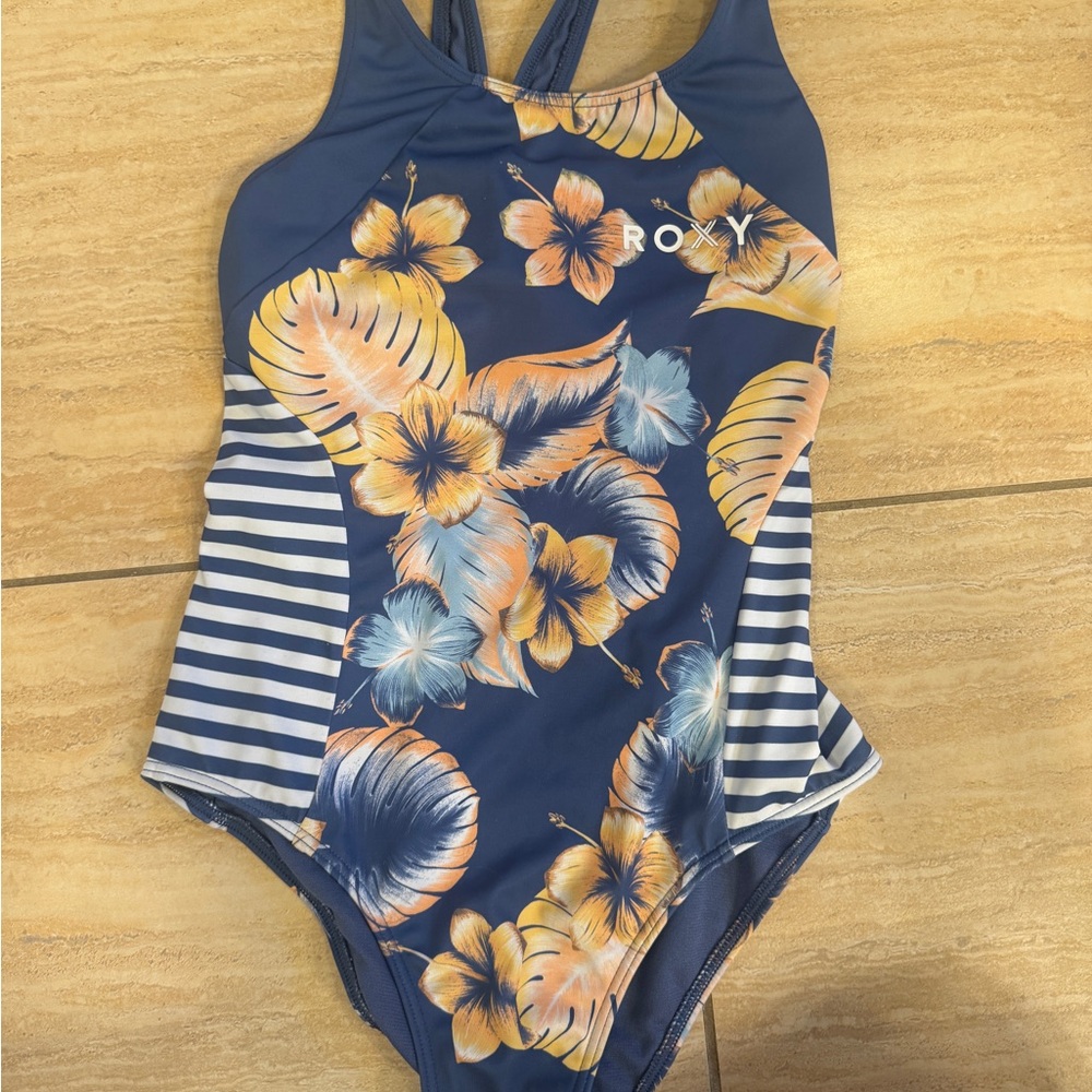 Roxy Blue and Yellow One Piece Swimsuit Floral Design
